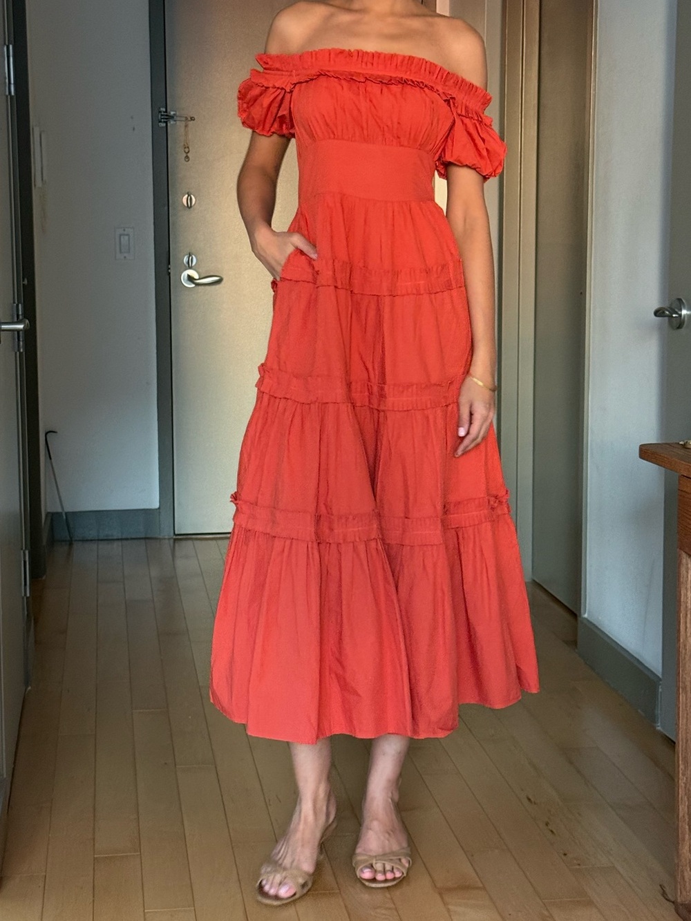 NWT Off-Shoulder Tiered Midi Dress in Coral